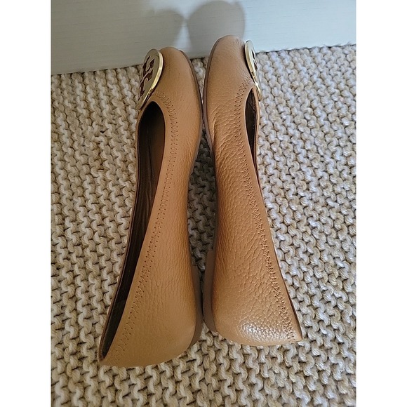 TORY BURCH Women's Ballet Flats Leather Slip-on Royal Tan Gold Logo SZ 6M - Picture 7 of 11